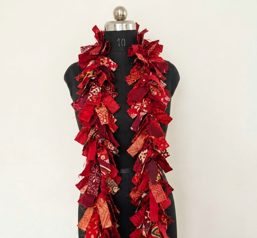 Handmade Red Bohemian Rag Garland – Vintage Fabric Scraps Holiday Banner
