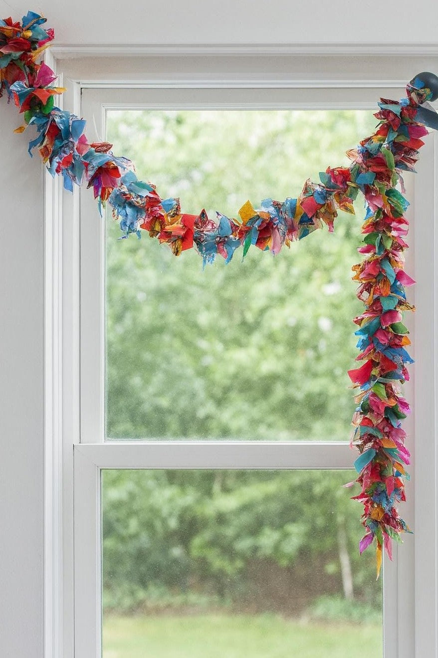 Handcrafted Multi-Color Upcycled Silk Fabric Garland - Vibrant Boho Home Decor
