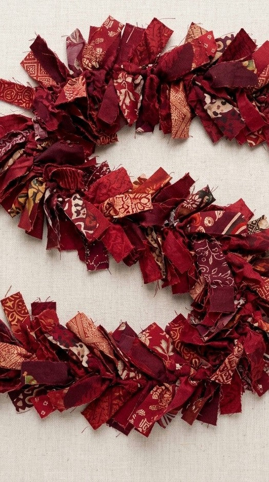 Handmade Red Bohemian Rag Garland – Vintage Fabric Scraps Holiday Banner