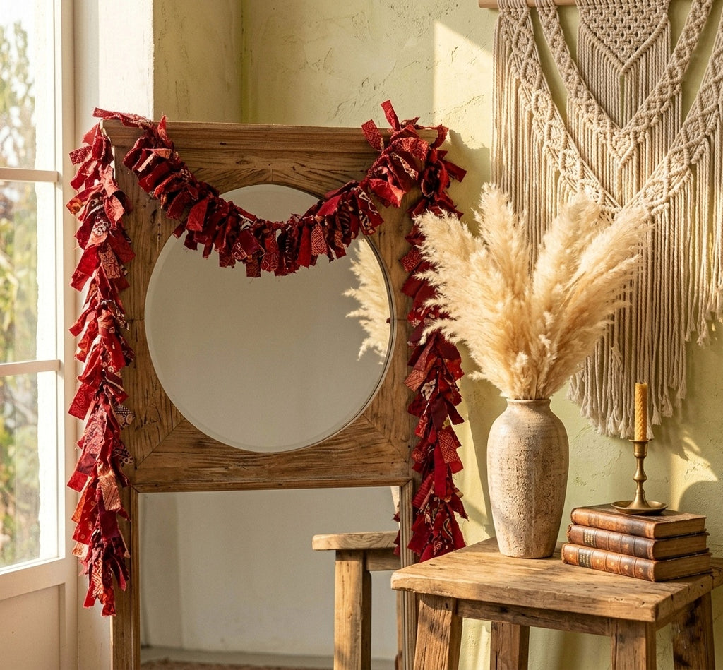 Handmade Red Bohemian Rag Garland – Vintage Fabric Scraps Holiday Banner