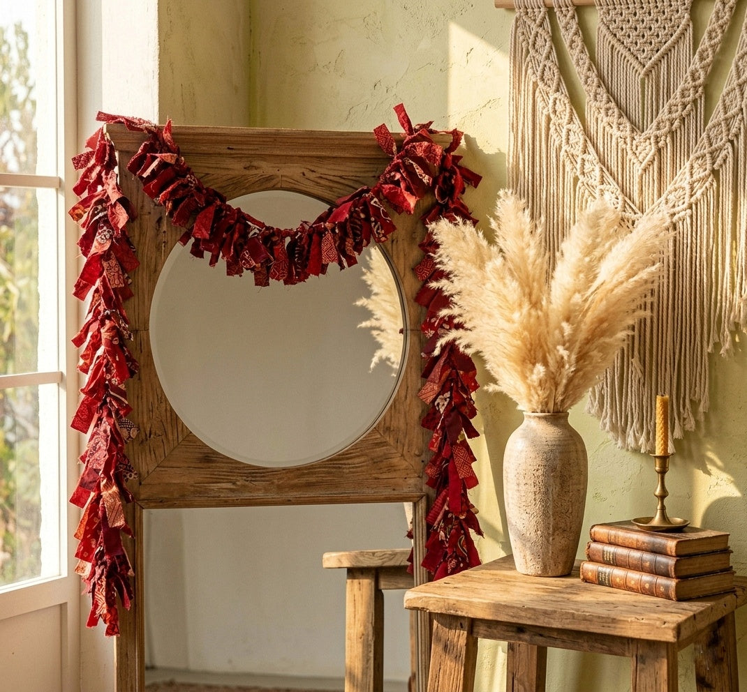 Handmade Red Bohemian Rag Garland – Vintage Fabric Scraps Holiday Banner