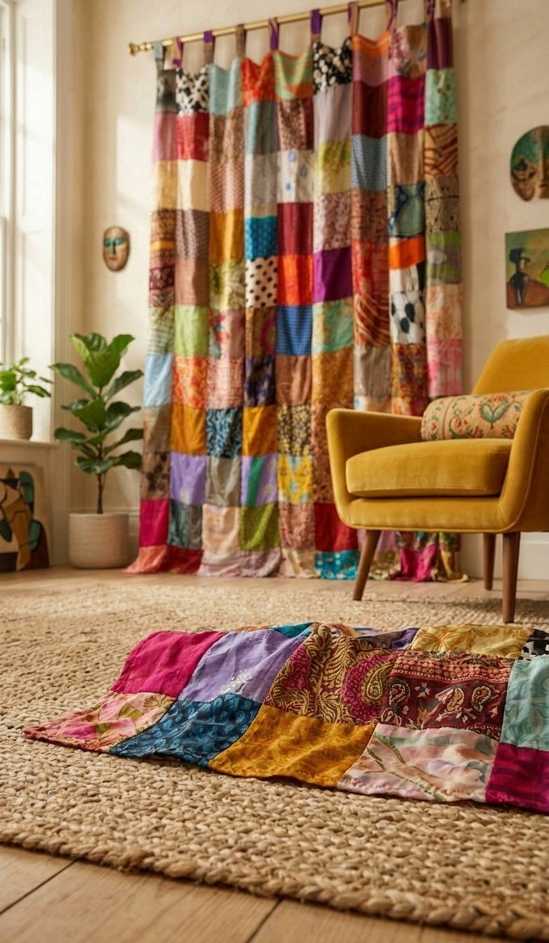 Vintage Indian Silk Patchwork Curtain