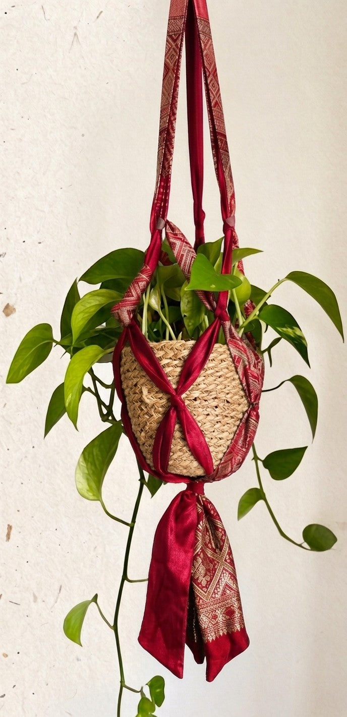 Bohemian Upcycled Textile Plant Hanger with Traditional Border