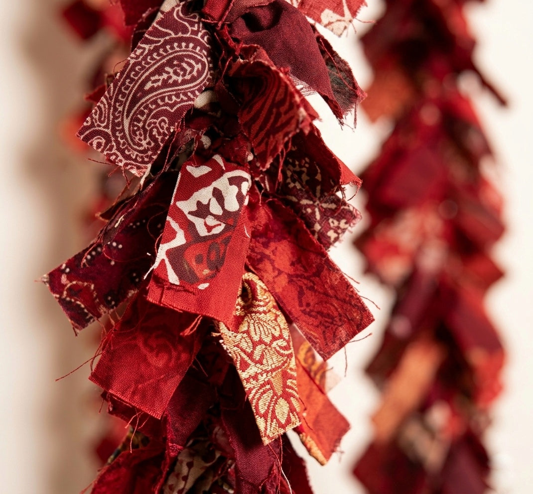Handmade Red Bohemian Rag Garland – Vintage Fabric Scraps Holiday Banner