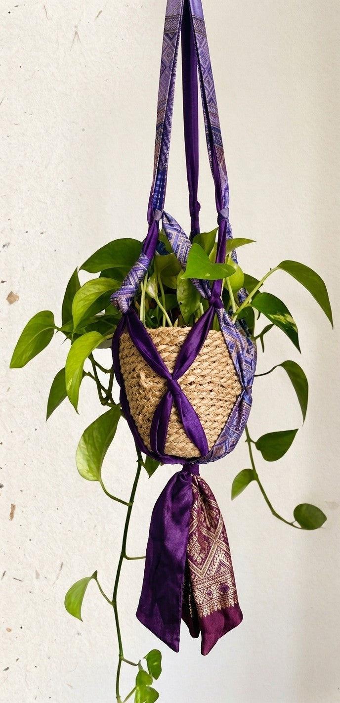 Bohemian Upcycled Textile Plant Hanger with Traditional Border