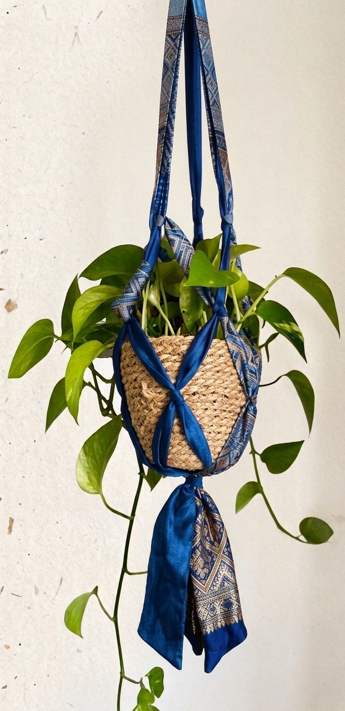 Bohemian Upcycled Textile Plant Hanger with Traditional Border