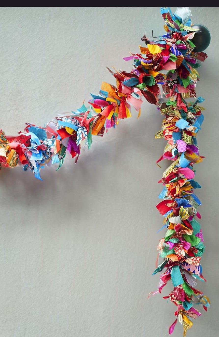 Handcrafted Multi-Color Upcycled Silk Fabric Garland - Vibrant Boho Home Decor